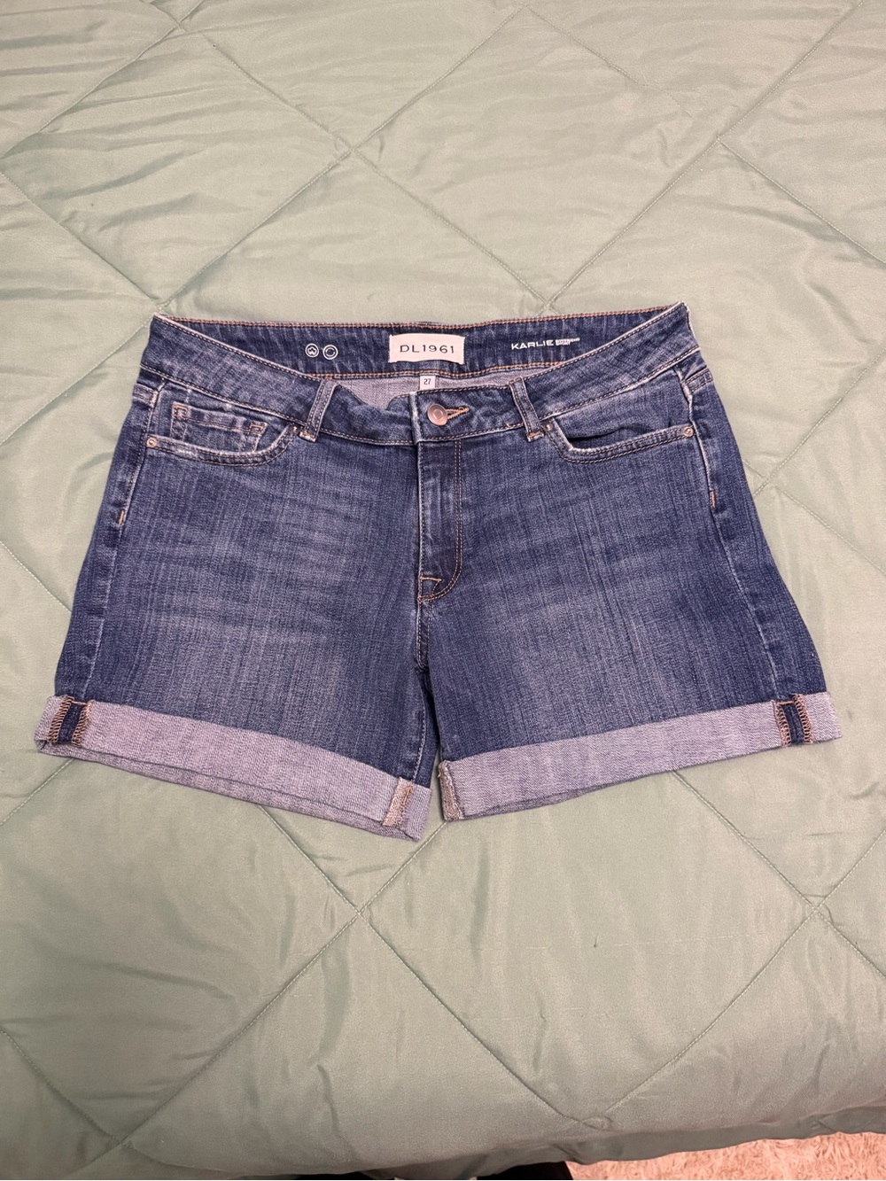 DL1961 Karlie Mid-Rise Rolled Cuff Denim Shorts in Blue